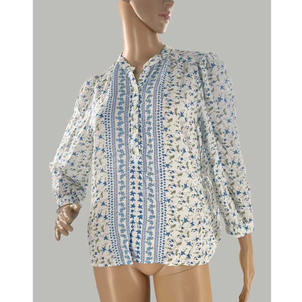 Lucky Brand Floral Print Blouse Mandarin Collar Peasant Top Size S Romantic